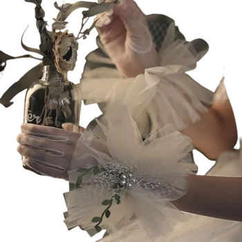 Lady Tül Tam Parmak İnciler Eldiven Zarif Kısa Şeffaf Yaz Eldiven Düğün Cadılar Bayramı Cosplay Parti için 8