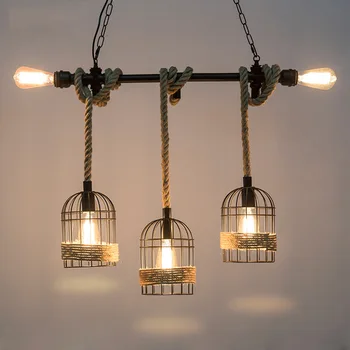 Loft endüstriyel kenevir halat kolye ışık çiftlik evi mutfak aydınlatma Siyah Kafes demir rustik lamba armatürleri