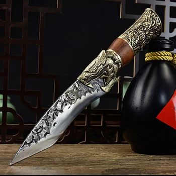 Longquan Mutfak Bıçağı El Yapımı Dövme 7Cr17CoMoV 5.5 İnç Keskin Cleaver Maket av bıçağı Kılıf İle Bakır Dekor Kolu 18