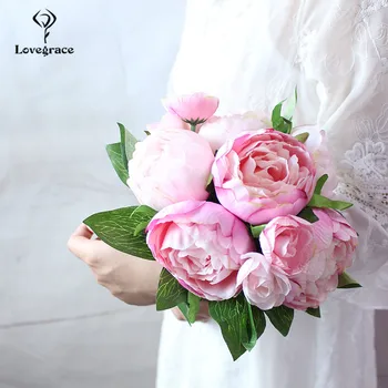 Lovegrace Düğün Buket Ipek Şakayık Nedime Gelin Buketi Beyaz Pembe yapay çiçekler Ev Dekorasyon Evlilik Buketleri 6