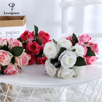 Lovegrace Gelin Düğün Buket Nedime Holding Çiçek Gerçek Dokunmatik 7 Kafaları Ipek Gül Çiçek Düğün Malzemeleri Ev Partisi Dekoru 6