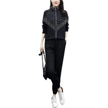 LUKAXSIKAX 2021 Yeni Bahar Sonbahar Kadın Setleri Yüksek Kalite Moda Metalik Boncuk Püskül Ceket Ve Uzun Pantolon İki Parçalı Set 21