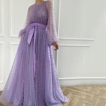Lüks 2022 Yeni İnciler Leylak Mücevher Akşam Elbise Uzun Kollu Balo elbisesi A-Line Düğün Parti Elbise Robe de Soiree 23