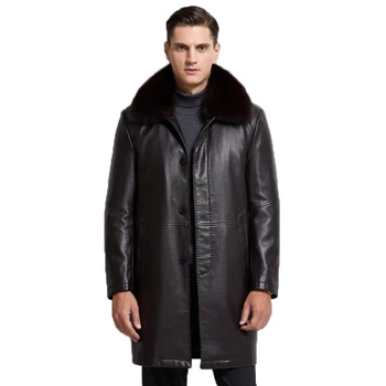 Lüks erkek Ceket Mont Tilki Kürk Yaka deri ceketler Erkekler için Orta uzunlukta Sonbahar / Kış sıcak Deri Ceketler Erkekler, boyutları M-4XL 6