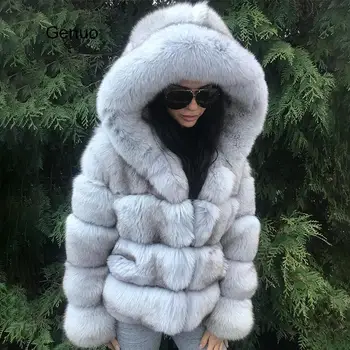 Lüks Faux Fox Kürk Ceket Kadınlar Kısa Kış Ceket Büyük Kürk Hood ile Kalın Sıcak Palto 2020 Yeni Moda Telaş Sahte Kürk mont