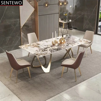 Lüks Kaya Döşeme yemek masası 4 Sandalye Metal Titanyum Sır Altın Taban Sahte Mermer Masa Ev Mobilyaları İlot Merkezi Mutfak 6