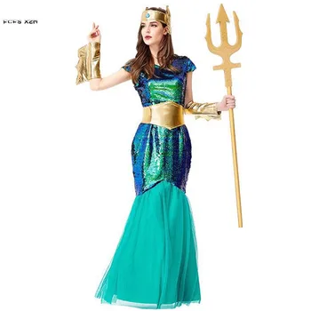M-XL Yeşil Kadın Halloween deniz kızı Kostümleri Kadın Neptün Poseidon Cosplay Karnaval Purim Geçit Kraliçe Rol parti elbise
