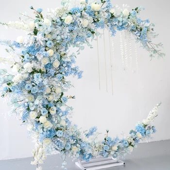 Mavi Düğün yapay çiçekler Dekorasyon Ay Kemerler Raf Beyaz Gül Sıra Parti Olay Backdrop Ekran Çiçek Canlı Düzenleme