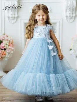 Mavi O-boyun A-Line Çiçek Kız Elbise 2022 Tül Aplikler Tüyler Vestidos De Novia Çocuklar İçin Balo Çocuk Parti Elbise 16