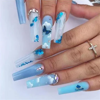 Mavi Uzun Balerin takma tırnak Seti Basın Çivi Fransız Kelebek Yanlış Nails İpuçları Tasarımları İle Parlak Rhinestone Tabut 6