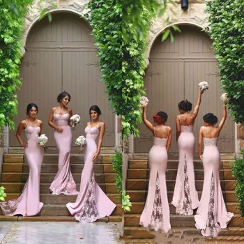 Mermaid Uzun Ucuz Gelinlik Modelleri Spagetti Dantel ve Spandex Allık Hizmetçi Onur Törenlerinde Örgün Düğün Törenlerinde Özel 15