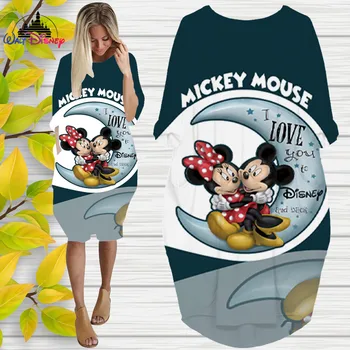 Mickey Mouse ve Minnie Mouse Disney 3D Yüksek Kaliteli Baskı Kız Trend Vahşi Gevşek Uzun Kollu Diz Üzerinde Elbise Bayan 2