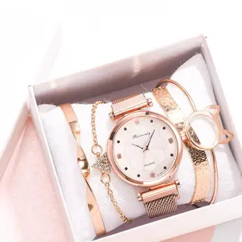 Mod 5 Adet Set Vrouwen Horloges Lüks Magneet Gesp Bloem Taklidi Horloge Dames Kuvars Horloge Kol Bandı Seti Reloj Mujer 18