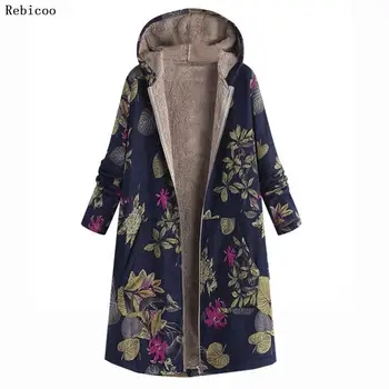 Moda Bayan ceket Kış sıcak tutan kaban kadın Dış Giyim Çiçek Baskı Kapşonlu Cepler Vintage Boy Palto Bayan
