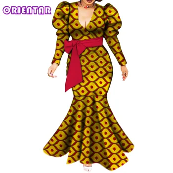 Moda Kadın Ankara Elbiseler Afrika Baskı Seksi Derin V Yaka Puf Kollu Uzun Maxi Elbise Yüksek Bel Mermaid Elbise WY5494