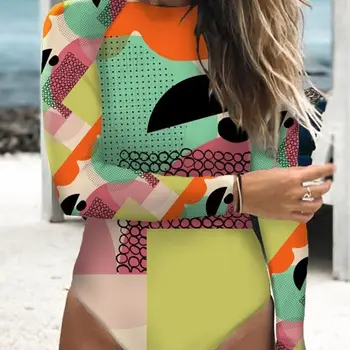 Moda Patchwork Mayo Soyut Baskı Uzun Kollu Backless Wetsuit Kadın Mayo Yaz Beachwear Backless Sörf Kıyafeti 3