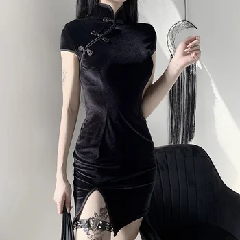 Moda Vintage Goth Kadife Mor Elbise Gotik Bodycon Yüksek Bel Cheongsam Elbise Kadınlar Zarif Y2k Elbise Mini Vestido 4