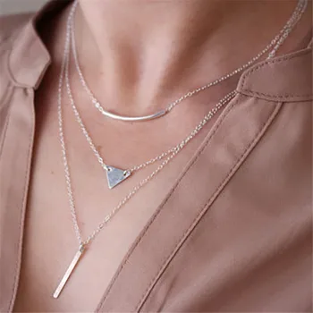 Moda Çok Seviyeli Geometrik Üçgen Kolye Kolye Kadınlar İçin 2020 Yeni Gümüş Renk Zinciri Kadın Kolye Takı Hediye 17