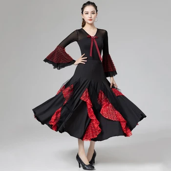 Modern Standart Dans Sahne Performansı Kostüm Profesyonel Balo Salonu Dans Yarışması Elbise Siyah & Kırmızı Büyük Salıncak Takım DQL7656 7