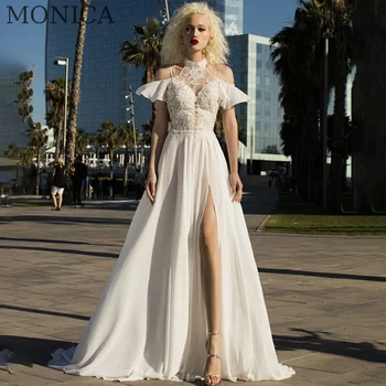 MONİCA A-LİNE düğün elbisesi 2022 Yüksek Boyun Backless Aplikler Gelin Kıyafeti Kat Uzunlukta Mahkemesi Tren Vestido De Novia Custom Made 15