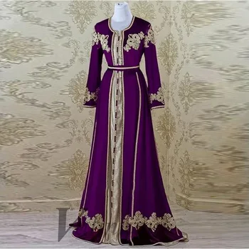Mor Uzun Kollu Fas Kaftan Akşam Elbise Müslüman Aplikler Dubai Suudi Arap Sipariş Made Elbiseler De Soirée Örgün Balo 7