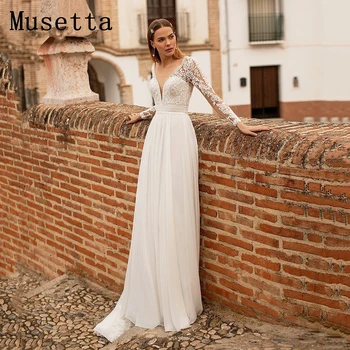 Musetta Illusion Gelinlik V Yaka Dantel Tam Kollu Backless gelin kıyafeti Seksi V Geri Kat Uzunluk 2022 Custom Made 17