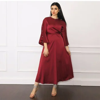 Müslüman Yumuşak Saten Wrap Ön Maxi Elbise Abaya Kadınlar Zarif Uzun Parlama Kollu Ekli kemer elbise İslam Dubai Türkiye Elbise 1