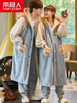 Nanjıren Çift Pijama Sonbahar ve Kış Mercan Polar Erkekler ve Kadınlar Kalınlaşmış Polar Astarlı Uzun Gecelik Pazen Sıcak Takım Elbise