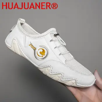 Nefes Erkek Hakiki Deri beyaz ayakkabı Marka Tasarımcısı Açık Loafer'lar Moccasins Moda Ayakkabı Erkekler Kaymaz sürüş ayakkabısı 12