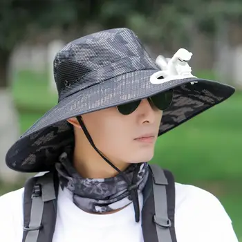 Nefes Erkekler Kamuflaj güneş şapkası Geniş Ağızlı Ayarlanabilir Güneş Koruyucu Uv Koruyucu kova kapağı Fan İle 6