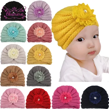 Nishine Rahat Sıcak Örgü Yün Bebek Şapka Sevimli El Yapımı Çiçek Toddler Çizgili Kap Giyim Dekorasyon Fotoğraf Sahne