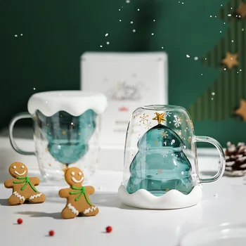 Noel Fincan yıldız dilek Fincan Noel net kırmızı cam su bardağı çift katmanlı Noel kulplu fincan 12