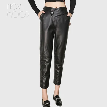 Novmoop yüksek çelik rahat tarzı kadın sonbahar siyah koyun derisi hakiki deri pantolon tek düğme pantalones de mujer LT3126 15