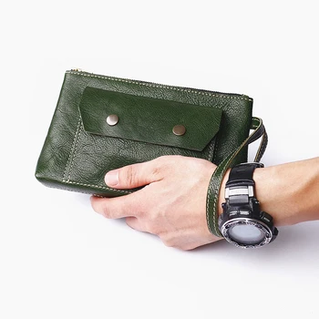 Orijinal Tasarım el çantası Erkekler İçin El Yapımı Deri Retro uzun cüzdan Koyu Yeşil Moda Deri Büyük Kapasiteli el çantası 8