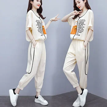 Pamuk Keten Takım Elbise kadın Yaz 2021Set Yeni Stil Tayt Pantolon Mektup Baskı Buz İpek Keten Kadın İki Parçalı T-Shirt 695 11