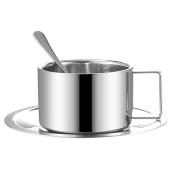Paslanmaz Çelik kahve kap seti Çift katlı ısı yalıtımı Kahve Kupa çay kap seti çay seti Süt kupa tabağı Mat kaşık 13