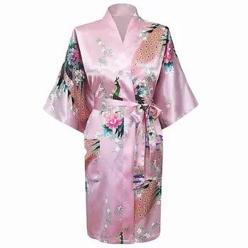Pembe Moda kadın Tavuskuşu Kimono bornoz Gecelik Kıyafeti Yukata Bornoz Pijama Kemer S M L XL XXL XXXL KQ-2 18