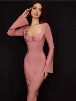 Pembe Renk 2022 Yeni Sonbahar Stil Kadın Uzun Kollu Seksi Bodycon Midi Elbise Rayon Bandaj Moda Kutlamak doğum günü partisi elbisesi