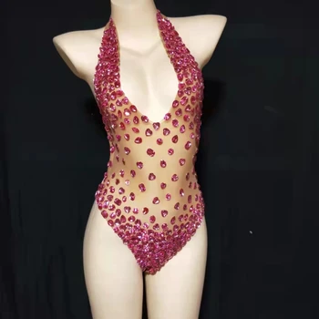 Pembe Rhinestones Şeffaf Leotard Kostüm Dansçı Backless Kıyafet Kutlamak Bodysuit Seksi Kırmızı Siyah Dans Akşam Doğum Günü  15