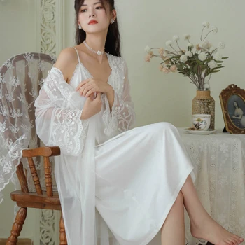 Peri Örgü Elbise Setleri Prenses Pijama Kadın Gelin Elbise Beyaz Romantik Gecelik Vintage Sabahlık Viktorya dönemi tarzı gece elbisesi Pijama 4