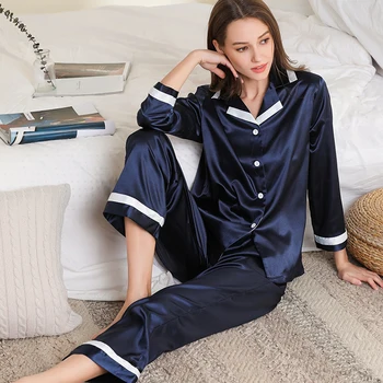 Pijama Kadın İlkbahar Ve Sonbahar Simülasyon İpek Gecelik Takım Elbise Uzun Kollu Pantolon Hırka Gevşek Pijama Kadın Pijama 13