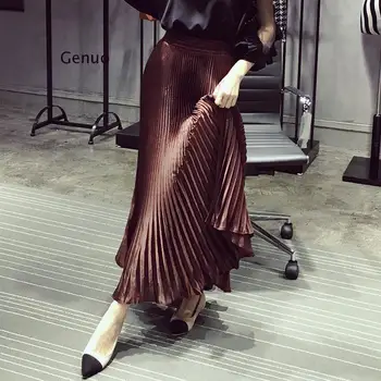 Pilili Etek Bayan Yaz Kore Tarzı Parlak Kumaş Ayak Bileği Uzunlukta İpeksi Katı Zarif Tarzı Uzun Etek Women0 23