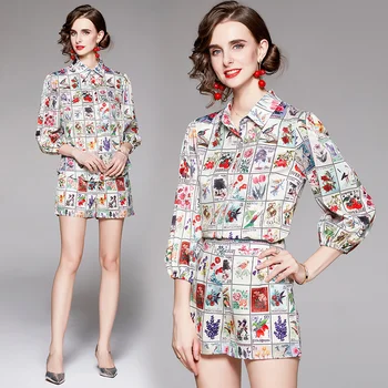 Pist Kadın Baskılı Setleri 2021 Lüks Tasarımcı Düğmeli Gömlek + kısa pantolon Zarif Bahar Sonbahar Yüksek Sokak OL 2 Parça Takım Elbise 14