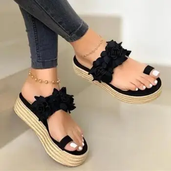 Platform Sandalet Kadın Terlik Yaz Casual Günlük Çiçek Slip Kalın Alt Rahat Terlik Plaj Ayakkabıları Artı Boyutu 15