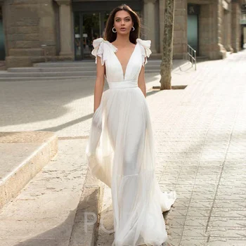 POEO Boho Şifon düğün elbisesi V Yaka Zarif A-line Spagetti Sapanlar Yay İle Aç Geri Robe De Mariée 6
