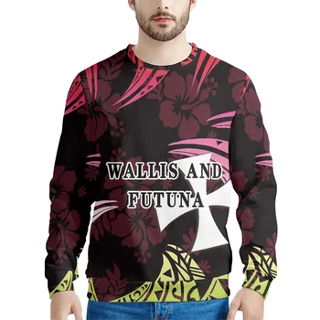 Polinezya Tribal Wallis ve Futuna Adaları Fuşya Ebegümeci Baskı Erkek Tişörtü Hiçbir Hood Streetwear Casual O-Boyun Kazak 3