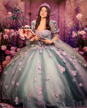 Prenses Sevgiliye Balo Quinceanera Elbise Tam Kollu Boncuklu Doğum Günü balo kıyafetleri 3D Çiçekler Mezuniyet Vestido De 23