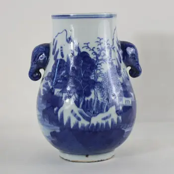 Qing Hanedanı el-boyalı mavi ve beyaz peyzaj tasarımı fil kulak vazo 17