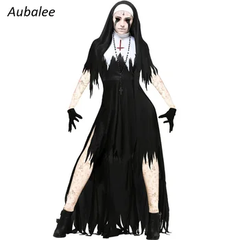 Rahibe Cosplay Kadınlar Cadılar Bayramı Korkunç Kostüm Terör Rahibe Fantezi Hayalet Kardeş Kadın Parti Siyah Gotik Elbise