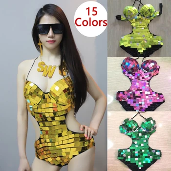 Renkli Aynalar Bodysuit Seksi Backless Lens Bodysuit Kadın Sequins Gogo Dansçı Kostüm Kutup Dans Festivali Kıyafet XS4851 9